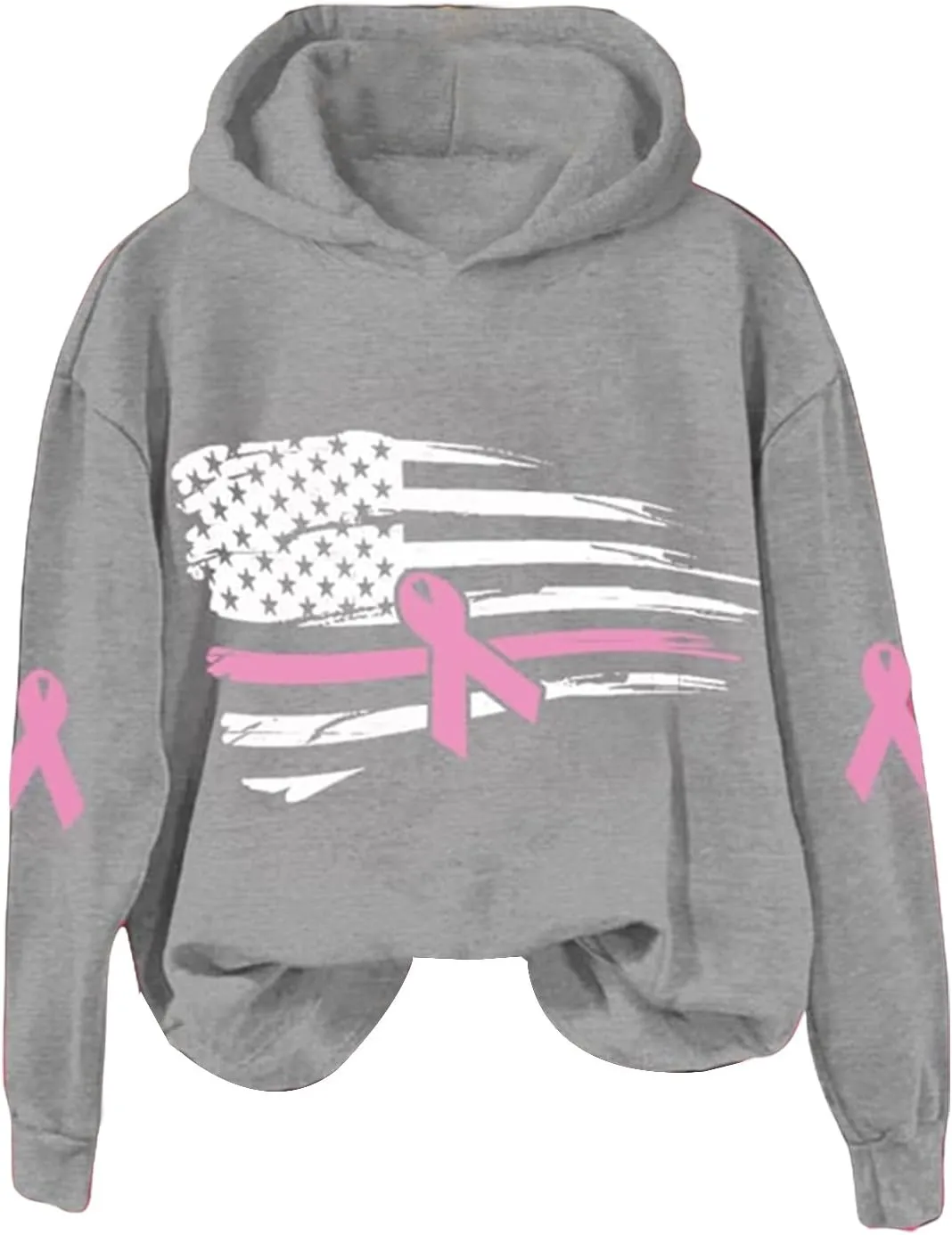 Breast Cancer Awareness Hoodies Women Pink Ribbon American Flag Sweatshirt Casual Long Sleeve Pullover Tops with Hood