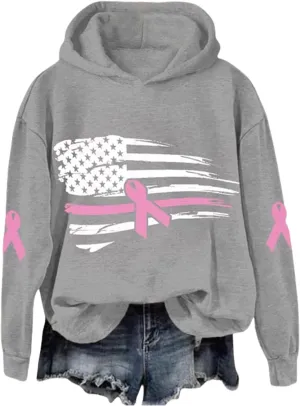 Breast Cancer Awareness Hoodies Women Pink Ribbon American Flag Sweatshirt Casual Long Sleeve Pullover Tops with Hood