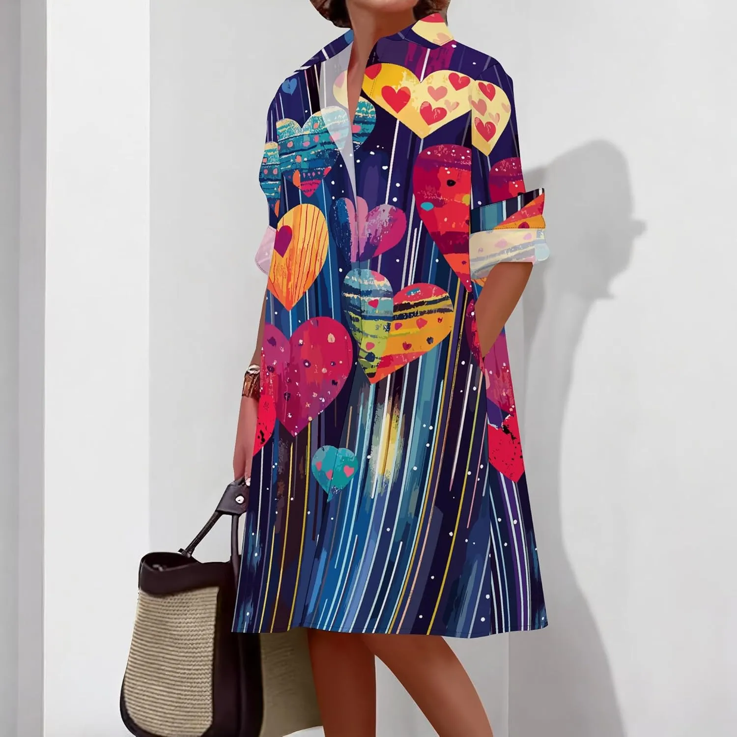 Button Down Shirt Dress for Women Casual Loose Long Sleeve Shirts A-Line Midi Shift Tunic Dress with Pockets