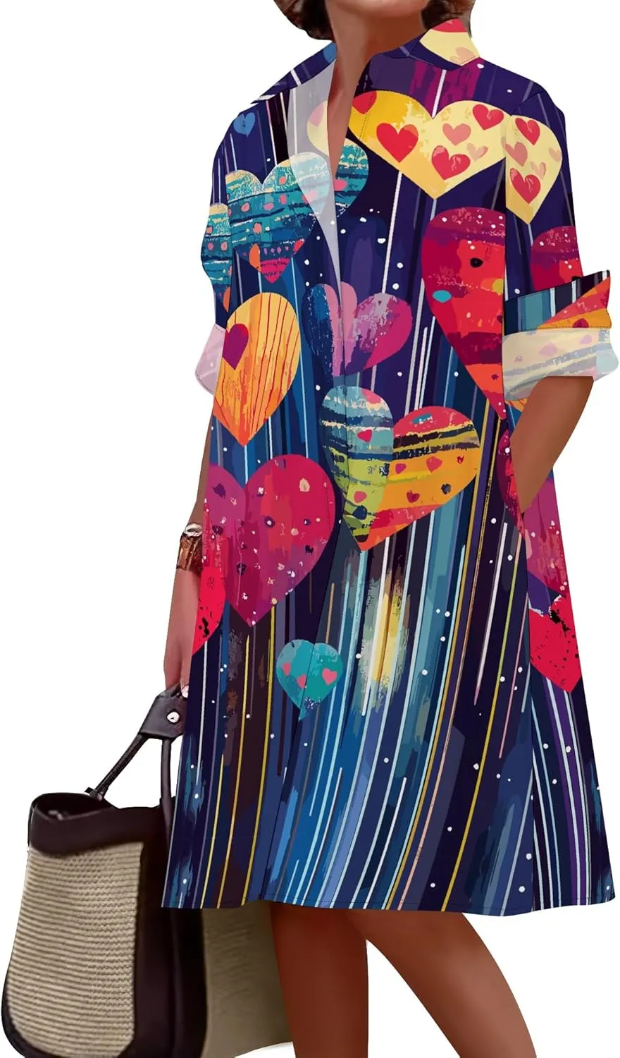 Button Down Shirt Dress for Women Casual Loose Long Sleeve Shirts A-Line Midi Shift Tunic Dress with Pockets