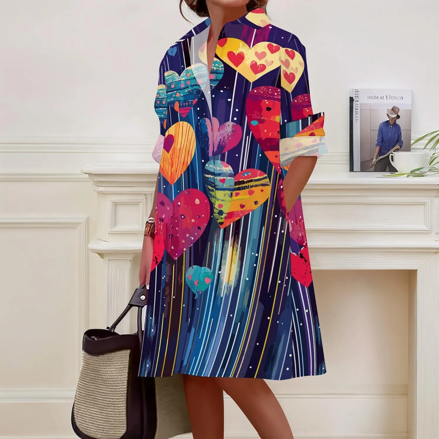 Button Down Shirt Dress for Women Casual Loose Long Sleeve Shirts A-Line Midi Shift Tunic Dress with Pockets
