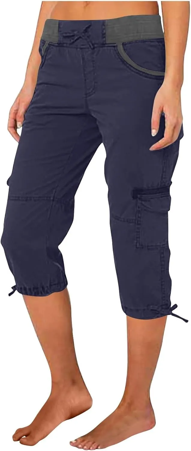 Capri Cargo Pants for Women 2024 Elastic High Waist Drawstring 3/4 Hiking Pants with Multi Pockets Casual Slim Fit Work Pants