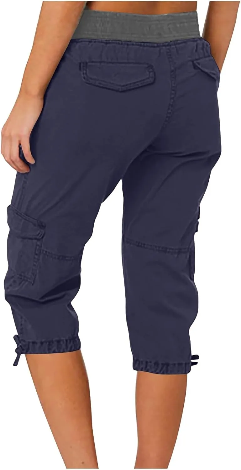 Capri Cargo Pants for Women 2024 Elastic High Waist Drawstring 3/4 Hiking Pants with Multi Pockets Casual Slim Fit Work Pants