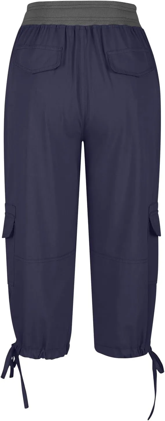 Capri Cargo Pants for Women 2024 Elastic High Waist Drawstring 3/4 Hiking Pants with Multi Pockets Casual Slim Fit Work Pants