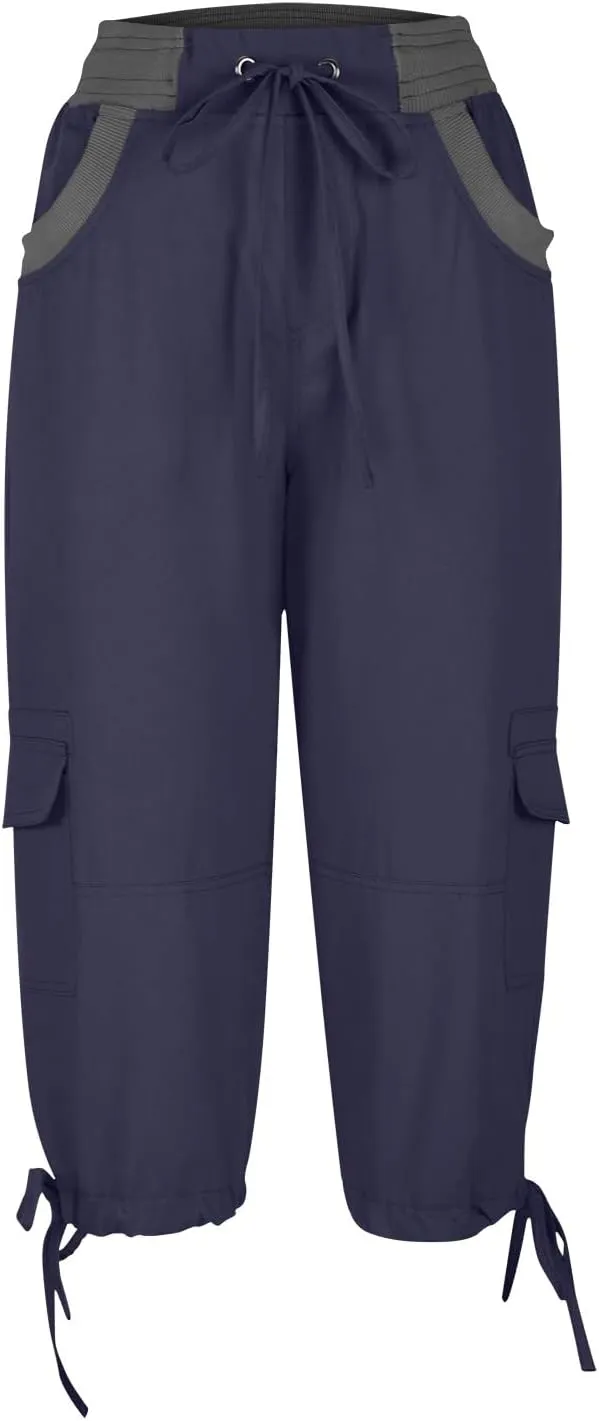 Capri Cargo Pants for Women 2024 Elastic High Waist Drawstring 3/4 Hiking Pants with Multi Pockets Casual Slim Fit Work Pants