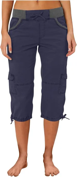 Capri Cargo Pants for Women 2024 Elastic High Waist Drawstring 3/4 Hiking Pants with Multi Pockets Casual Slim Fit Work Pants