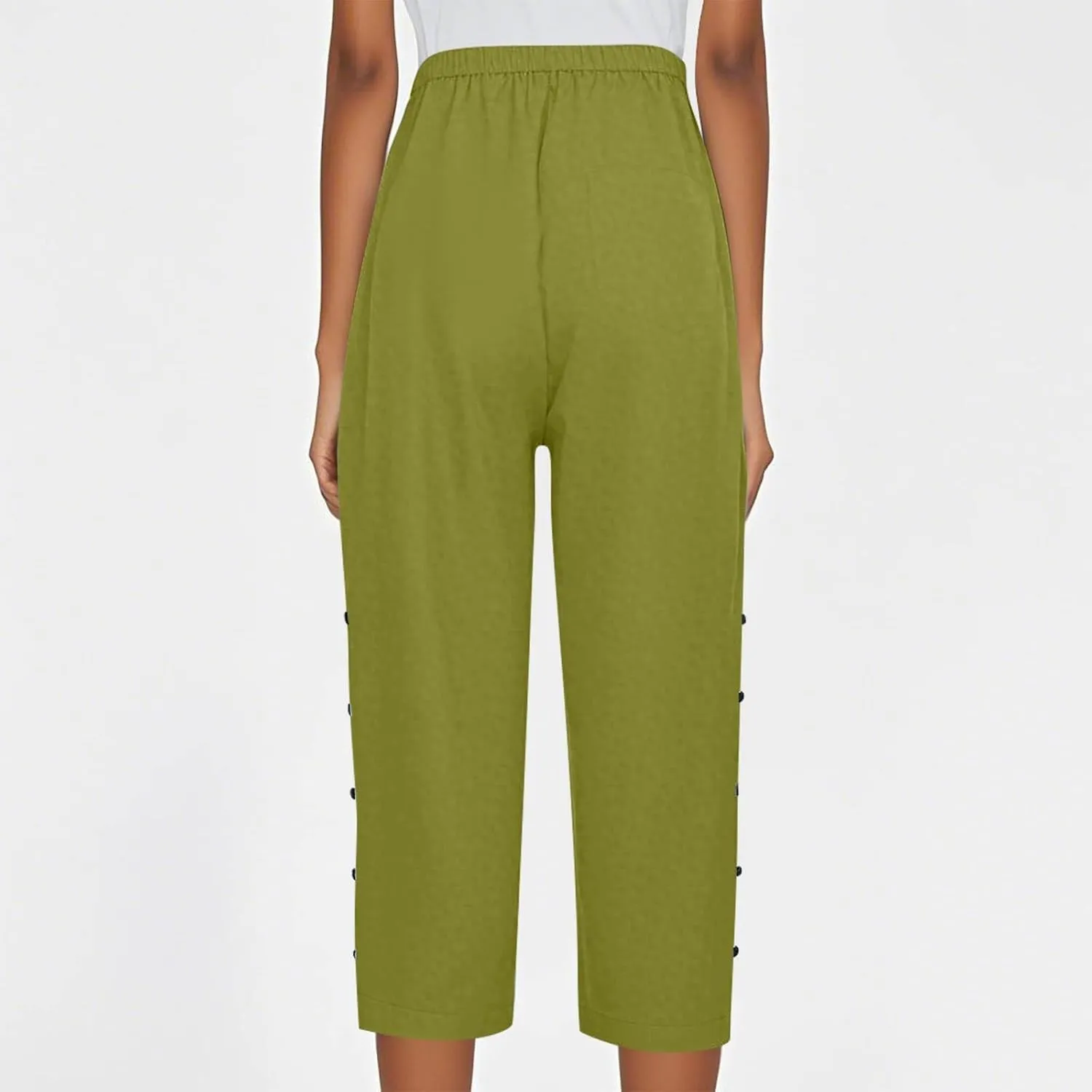 Capri Linen Pants Women Casual Summer Drawstring Elastic High Waist Linen Pant Straight Wide Leg Cropped