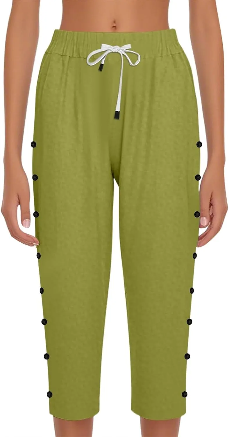 Capri Linen Pants Women Casual Summer Drawstring Elastic High Waist Linen Pant Straight Wide Leg Cropped
