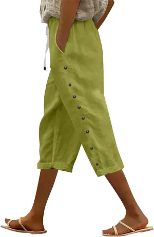 Capri Linen Pants Women Casual Summer Drawstring Elastic High Waist Linen Pant Straight Wide Leg Cropped