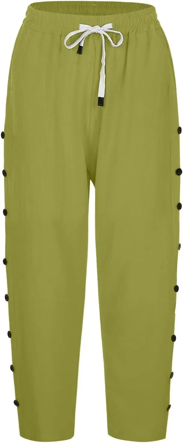 Capri Linen Pants Women Casual Summer Drawstring Elastic High Waist Linen Pant Straight Wide Leg Cropped