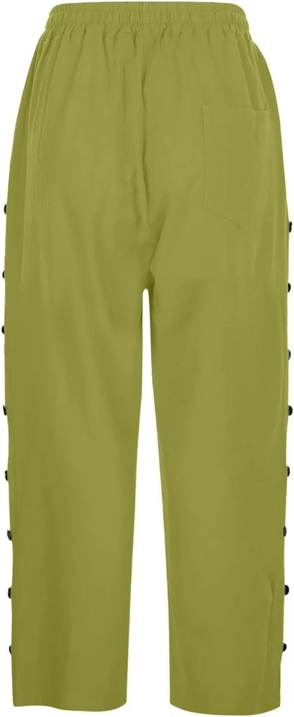 Capri Linen Pants Women Casual Summer Drawstring Elastic High Waist Linen Pant Straight Wide Leg Cropped