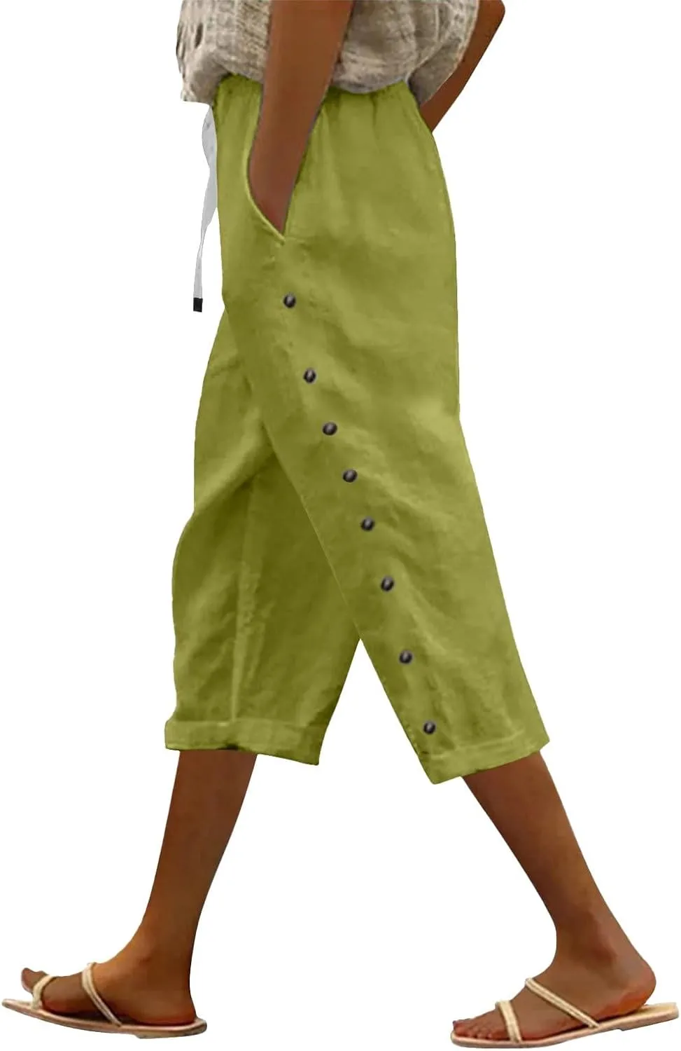 Capri Linen Pants Women Casual Summer Drawstring Elastic High Waist Linen Pant Straight Wide Leg Cropped
