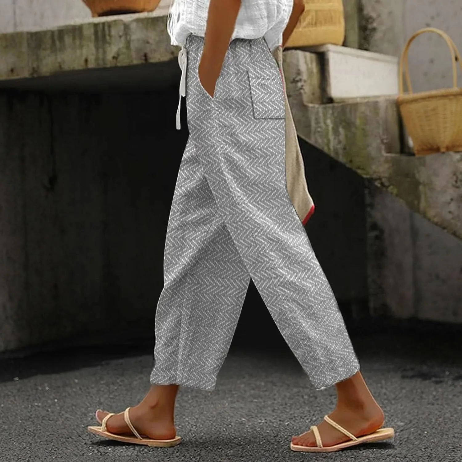 Capri Pants for Women 2025 Elastic Waist Linen with Pockets Cropped Wide-Leg Trousers Casual Beach Summer