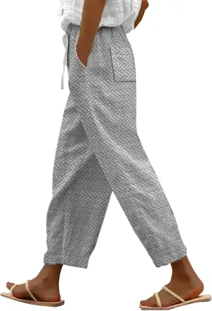 Capri Pants for Women 2025 Elastic Waist Linen with Pockets Cropped Wide-Leg Trousers Casual Beach Summer