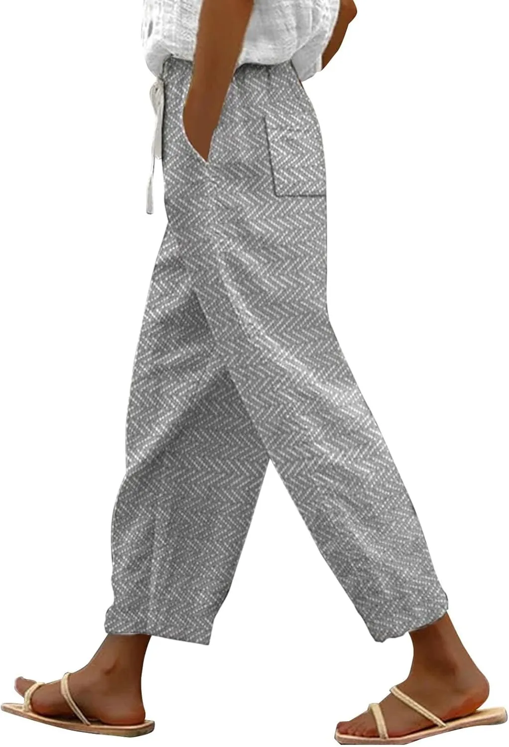 Capri Pants for Women 2025 Elastic Waist Linen with Pockets Cropped Wide-Leg Trousers Casual Beach Summer