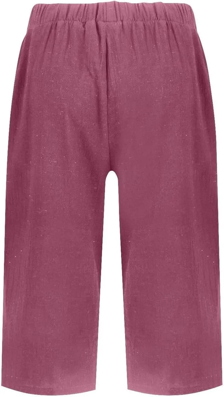 Capri Pants for Women 2025 Linen Elastic Waist Knee Length Capris Summer Straight Leg Loose Beach Shorts with Pocket