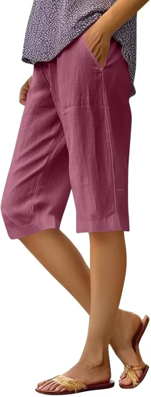Capri Pants for Women 2025 Linen Elastic Waist Knee Length Capris Summer Straight Leg Loose Beach Shorts with Pocket