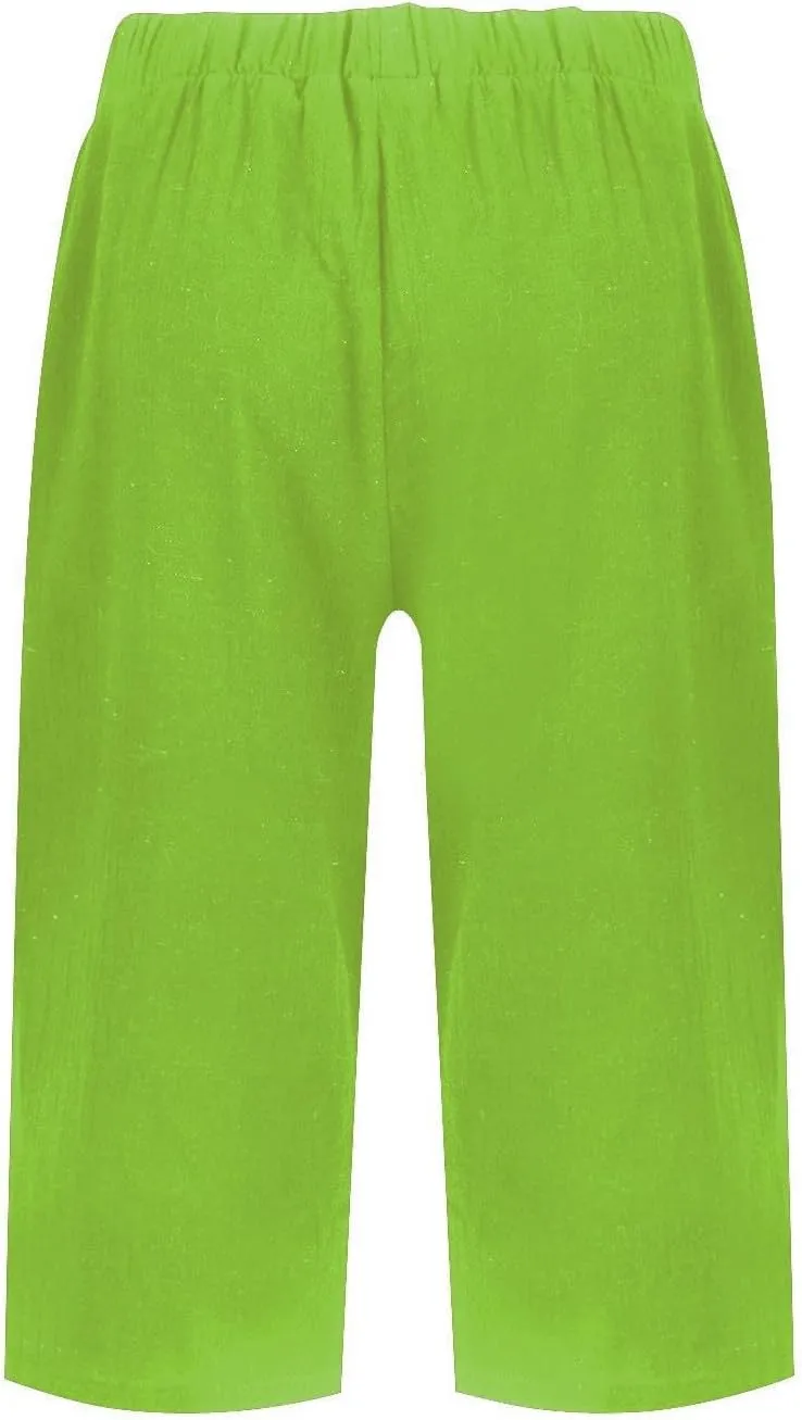Capri Pants for Women 2025 Linen Elastic Waist Knee Length Capris Summer Straight Leg Loose Beach Shorts with Pocket