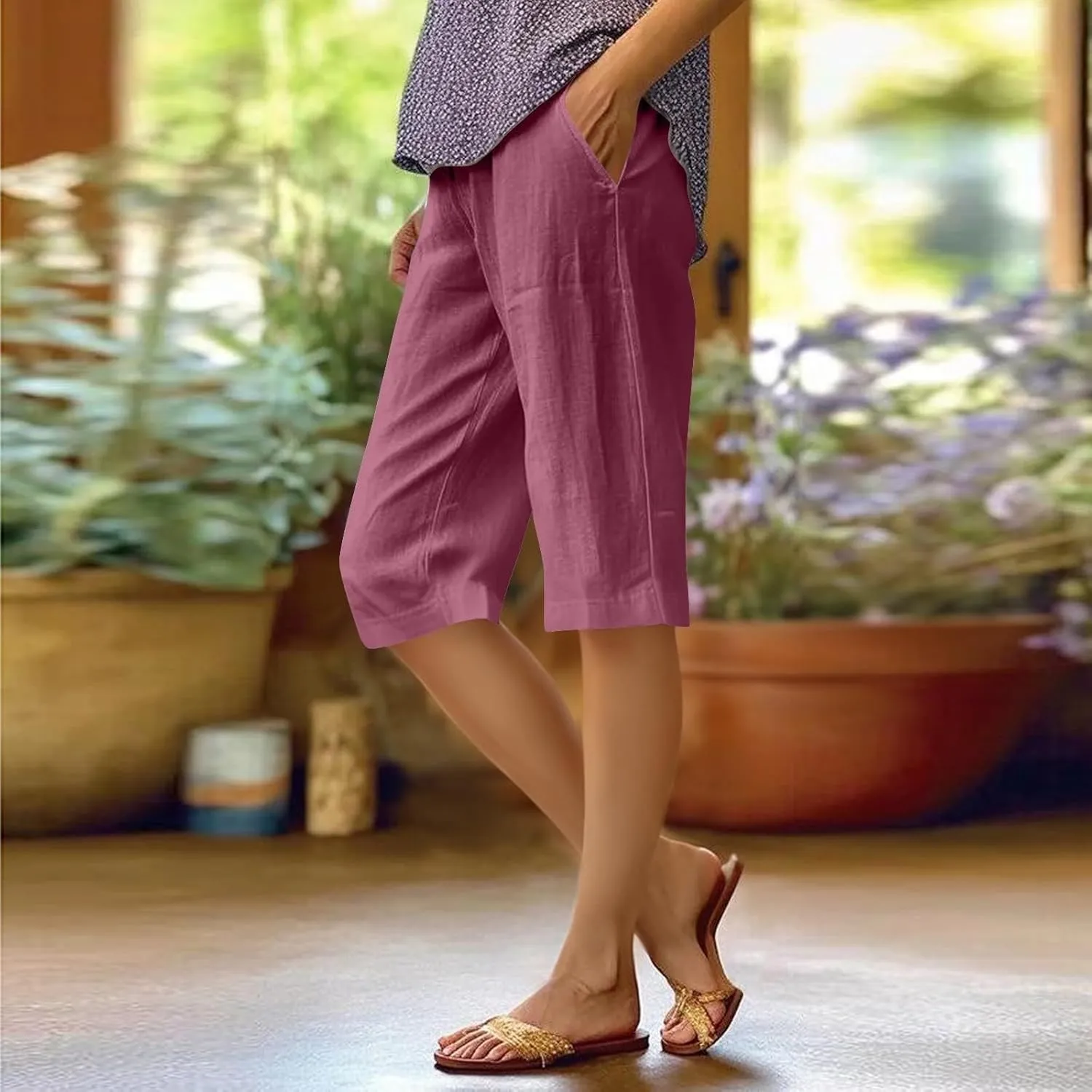 Capri Pants for Women 2025 Linen Elastic Waist Knee Length Capris Summer Straight Leg Loose Beach Shorts with Pocket
