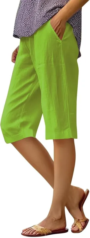 Capri Pants for Women 2025 Linen Elastic Waist Knee Length Capris Summer Straight Leg Loose Beach Shorts with Pocket