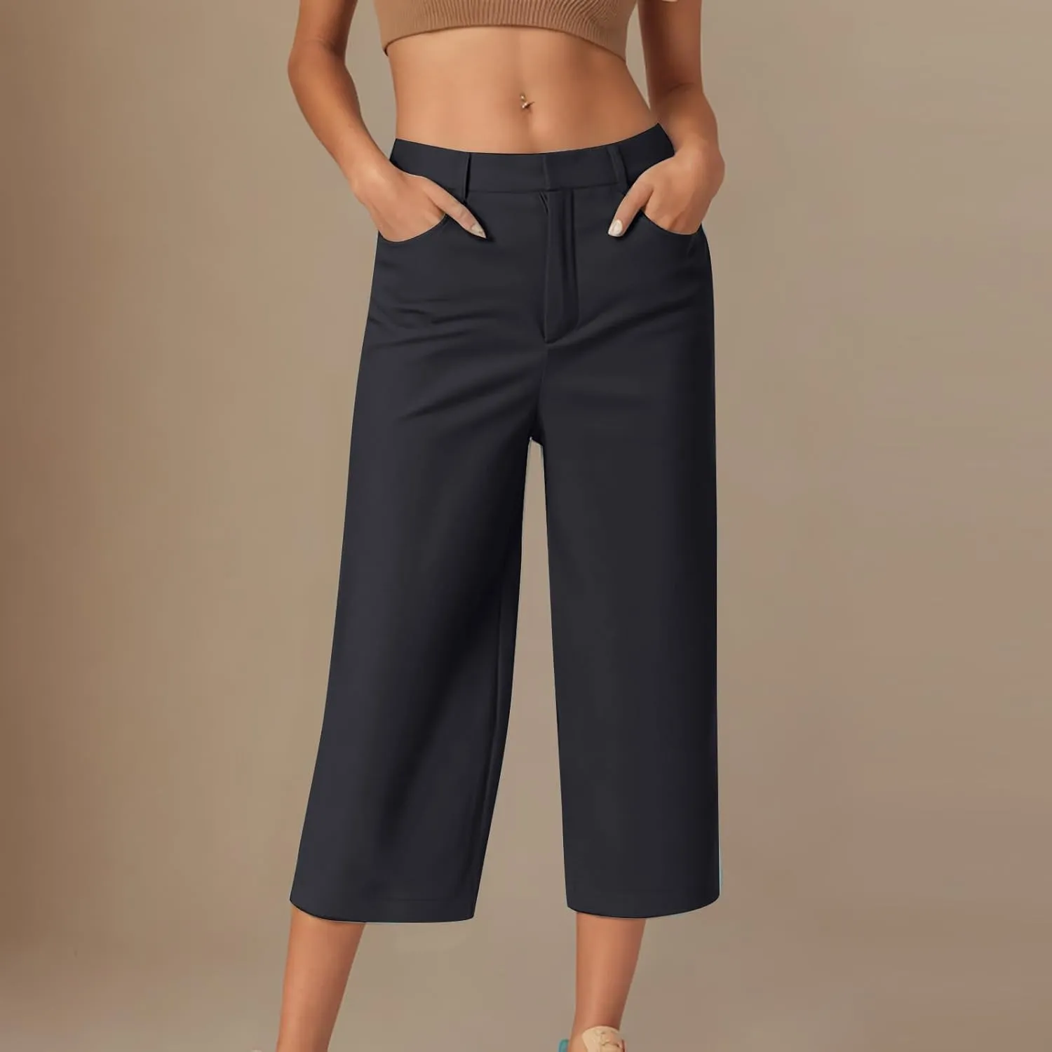Capri Pants for Women Business Casual Loose Fit Work Cropped Trousers High Waisted Stretchy Capris with Pockets