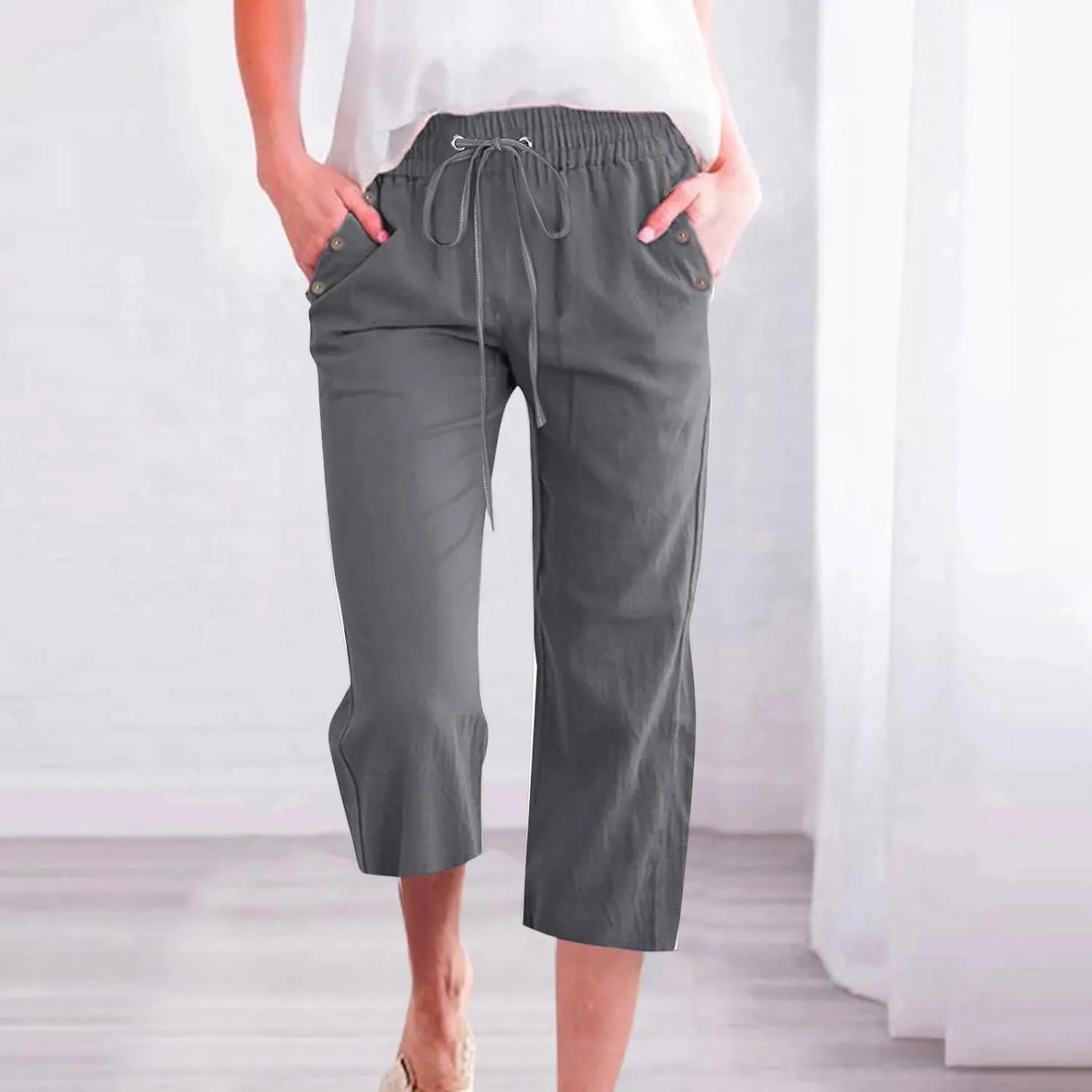 Capri Pants for Women Casual 2025 Summer Drawstring Elastic High Waist Linen Pant Straight Wide Leg Cropped Trouser