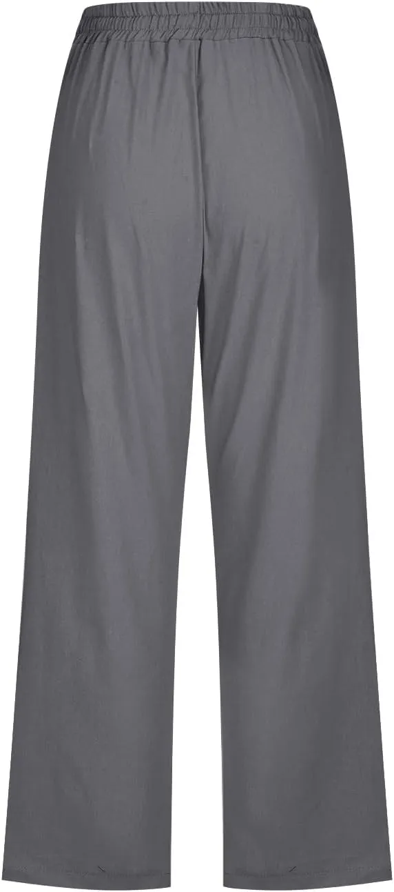 Capri Pants for Women Casual 2025 Summer Drawstring Elastic High Waist Linen Pant Straight Wide Leg Cropped Trouser