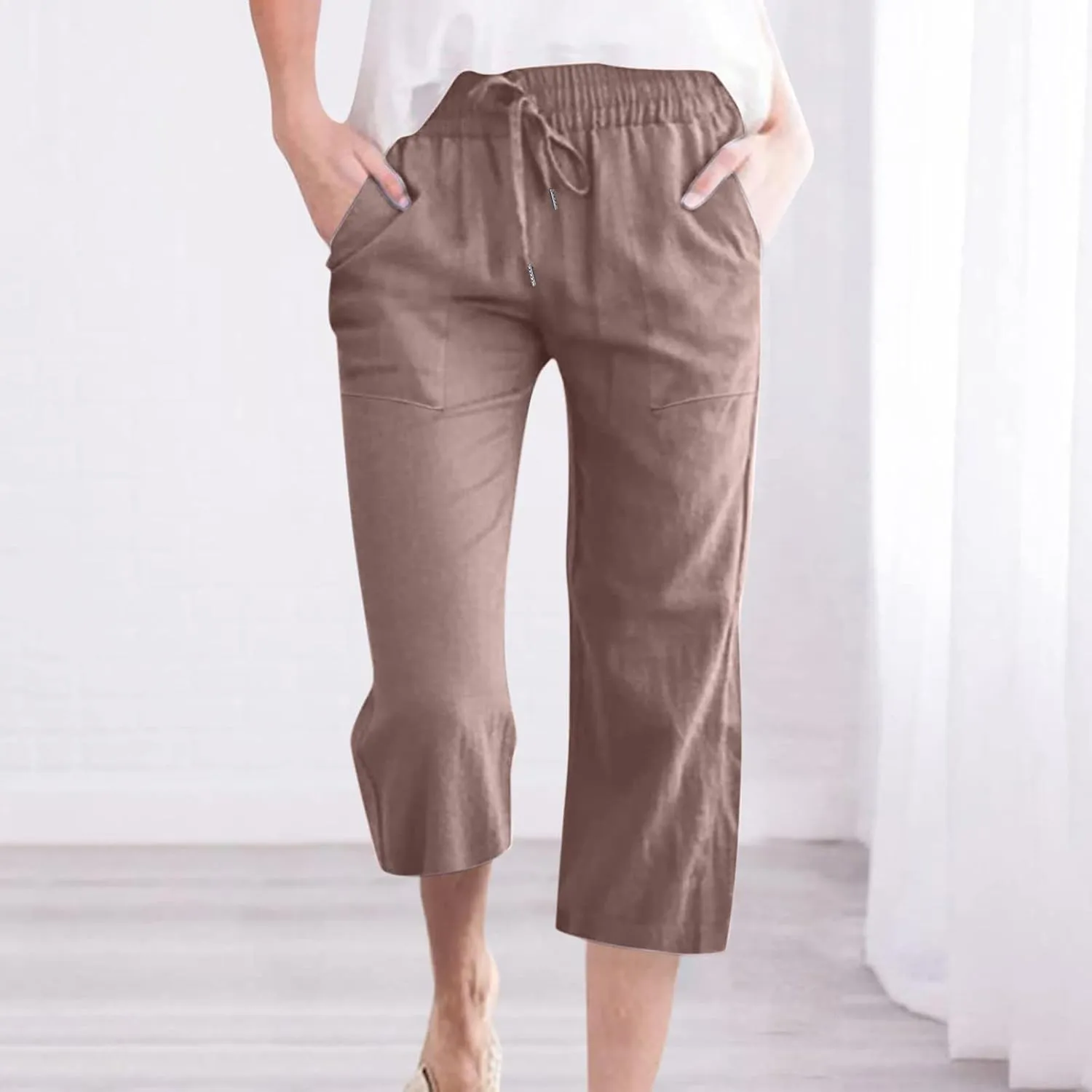 Capri Pants for Women Casual 2025 Summer Drawstring Elastic Waist Linen Pant Straight Wide Leg Pocket Cropped Trouser