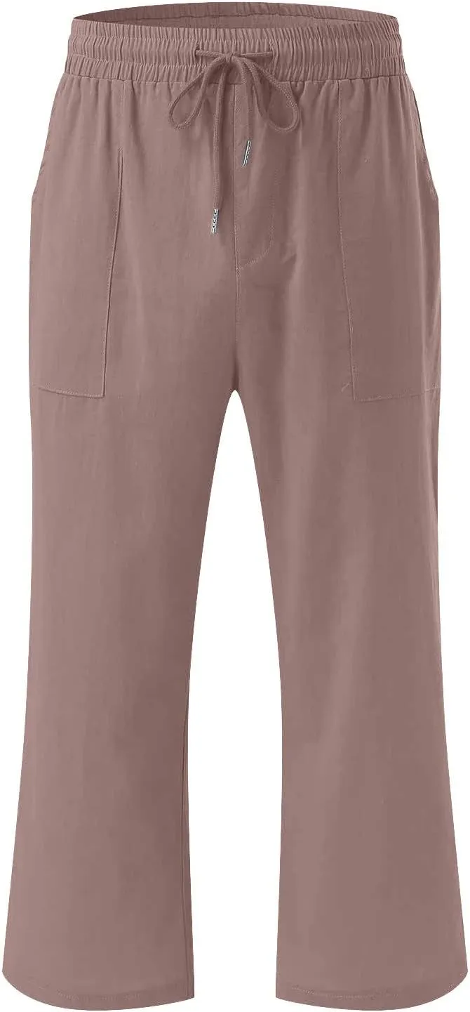 Capri Pants for Women Casual 2025 Summer Drawstring Elastic Waist Linen Pant Straight Wide Leg Pocket Cropped Trouser