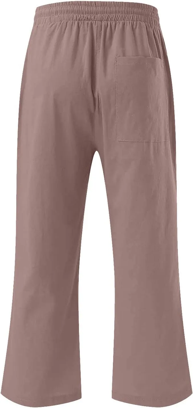 Capri Pants for Women Casual 2025 Summer Drawstring Elastic Waist Linen Pant Straight Wide Leg Pocket Cropped Trouser