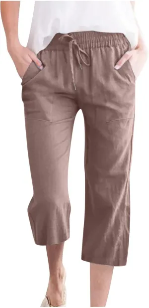Capri Pants for Women Casual 2025 Summer Drawstring Elastic Waist Linen Pant Straight Wide Leg Pocket Cropped Trouser