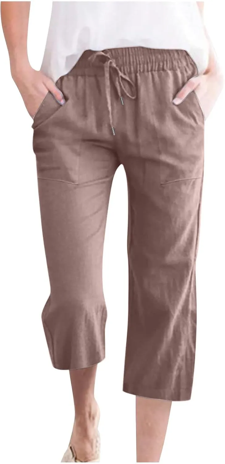 Capri Pants for Women Casual 2025 Summer Drawstring Elastic Waist Linen Pant Straight Wide Leg Pocket Cropped Trouser
