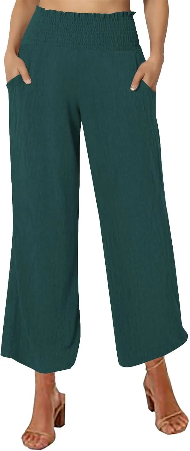Capri Pants for Women Casual Loose Fit Summer Elastic High Waist Trousers Cotton Linen Pants Wide Leg Lounge Capris