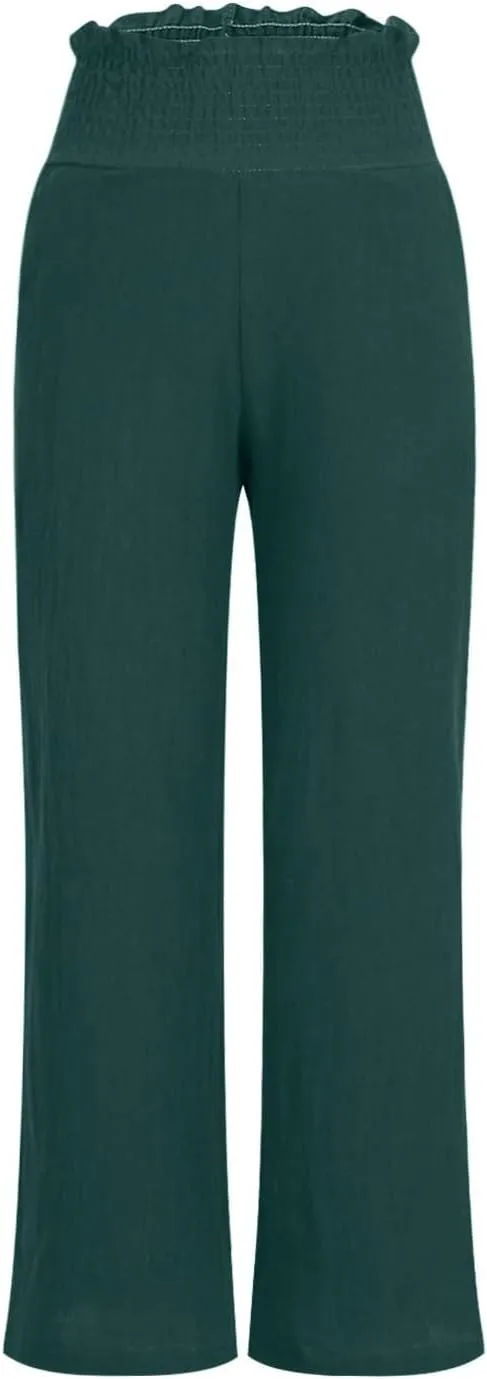 Capri Pants for Women Casual Loose Fit Summer Elastic High Waist Trousers Cotton Linen Pants Wide Leg Lounge Capris