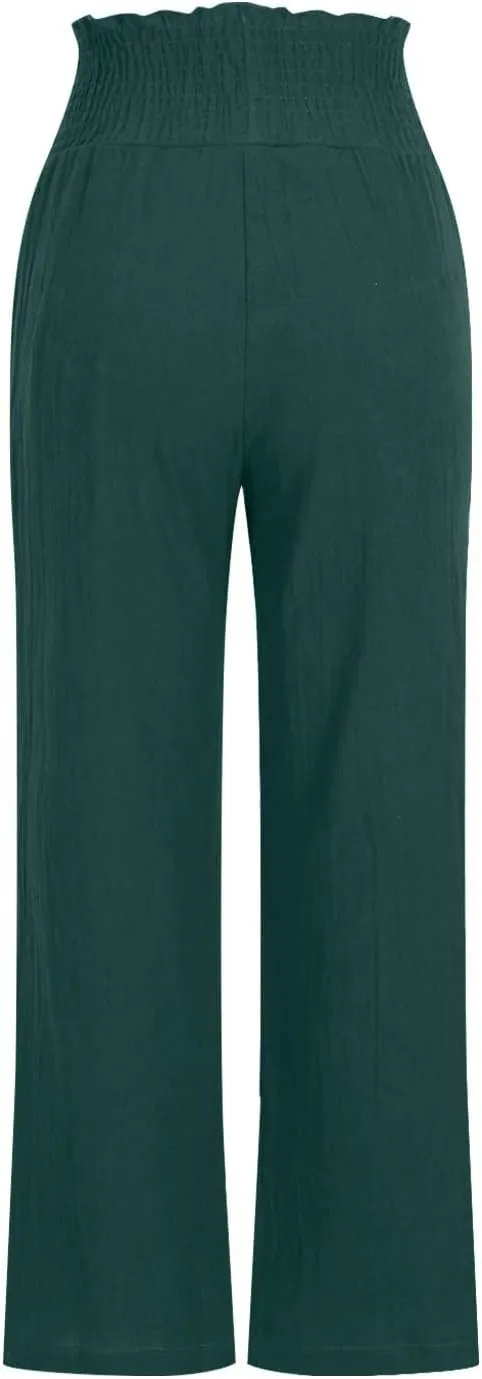 Capri Pants for Women Casual Loose Fit Summer Elastic High Waist Trousers Cotton Linen Pants Wide Leg Lounge Capris