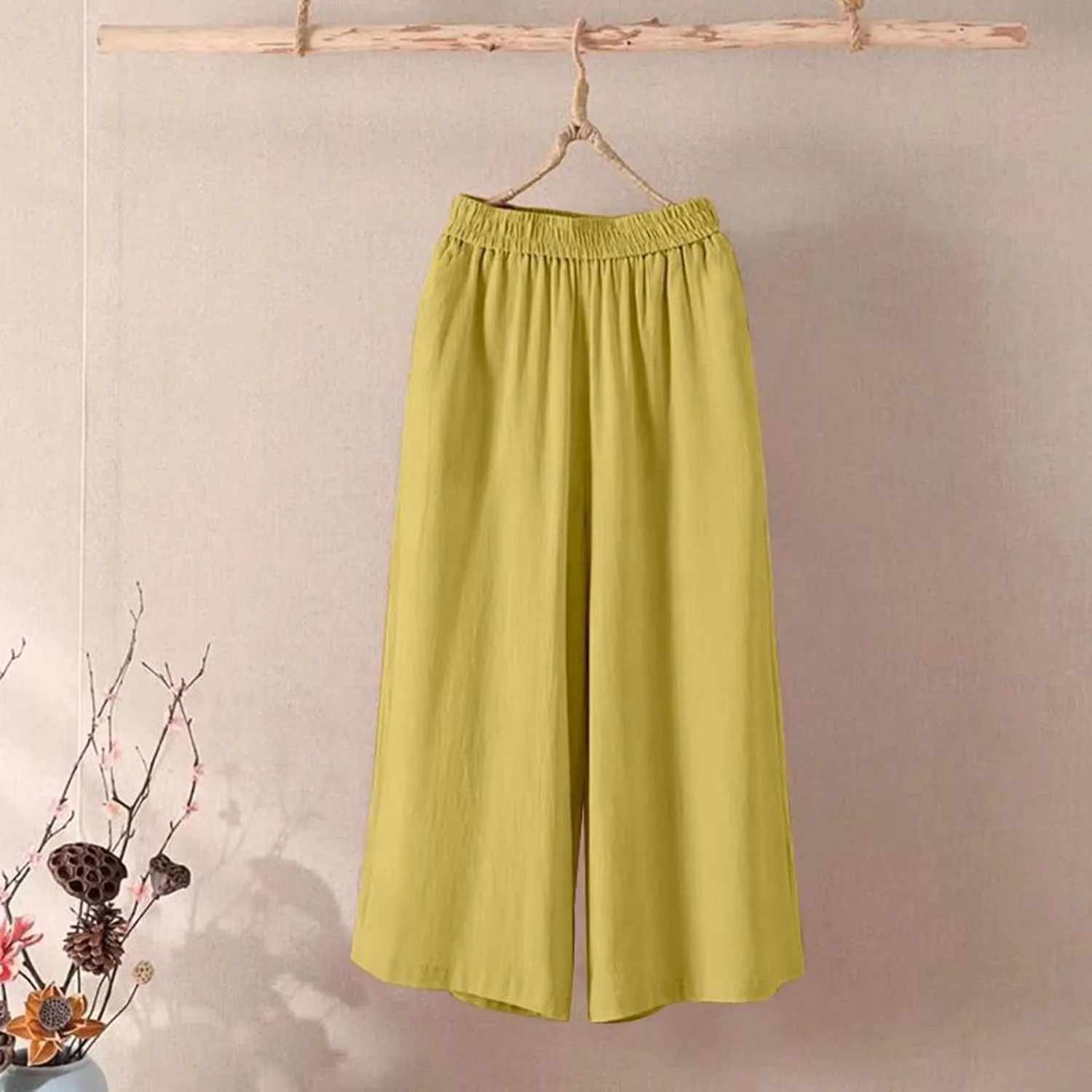 Capri Pants for Women High Waisted Wide Leg Linen Palazzo Trousers Pull On Elastic Smock Waist Loose Flowy Pants