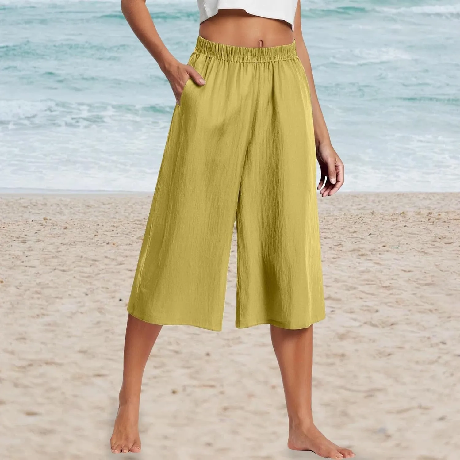 Capri Pants for Women High Waisted Wide Leg Linen Palazzo Trousers Pull On Elastic Smock Waist Loose Flowy Pants