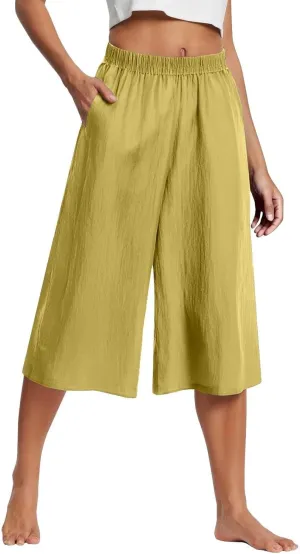 Capri Pants for Women High Waisted Wide Leg Linen Palazzo Trousers Pull On Elastic Smock Waist Loose Flowy Pants