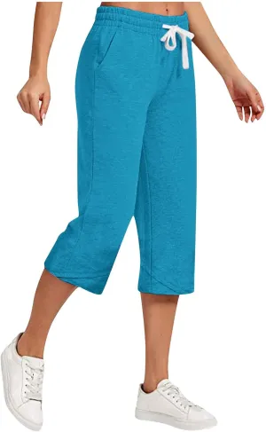 Capri Pants for Women Summer Elastic High Waisted Cotton Linen Lounge Pant Drawstring Causal Trousers with Pockets