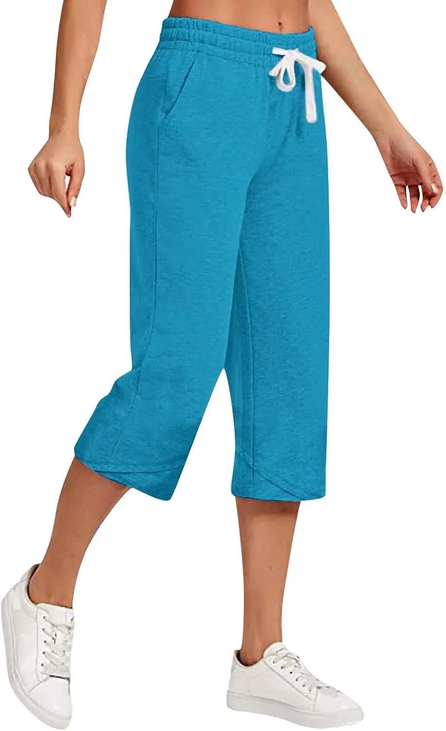 Capri Pants for Women Summer Elastic High Waisted Cotton Linen Lounge Pant Drawstring Causal Trousers with Pockets