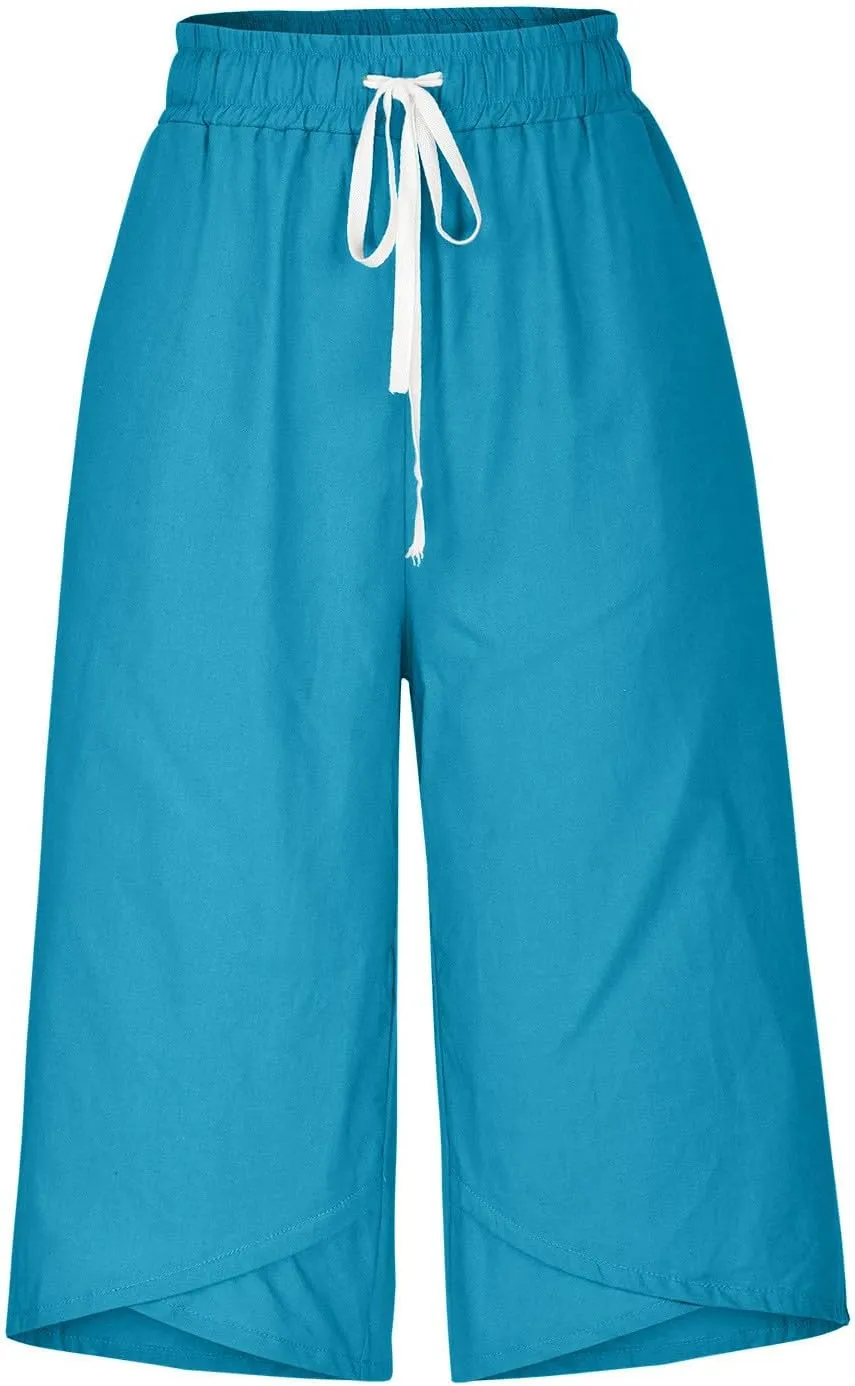 Capri Pants for Women Summer Elastic High Waisted Cotton Linen Lounge Pant Drawstring Causal Trousers with Pockets