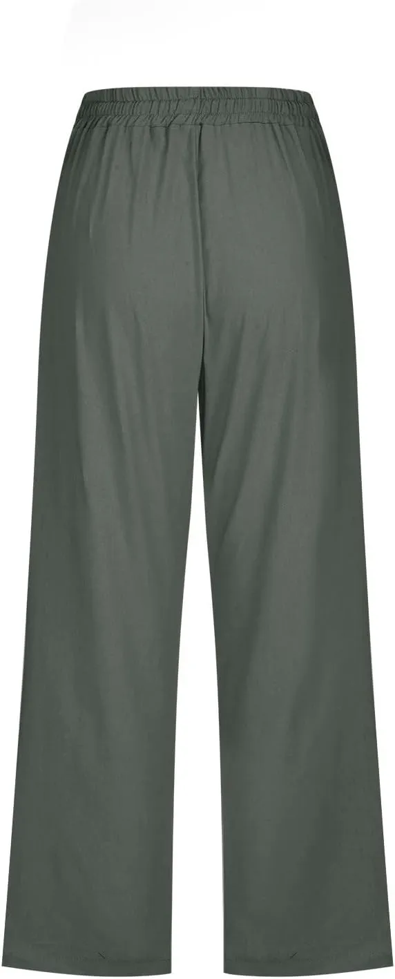Capri Pants Women Stretch Plus Size Summer Casual Comfy Wide Leg Drawstring Elastic High Waist Linen Straight Trouser