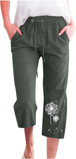 Capri Pants Women Stretch Plus Size Summer Casual Comfy Wide Leg Drawstring Elastic High Waist Linen Straight Trouser