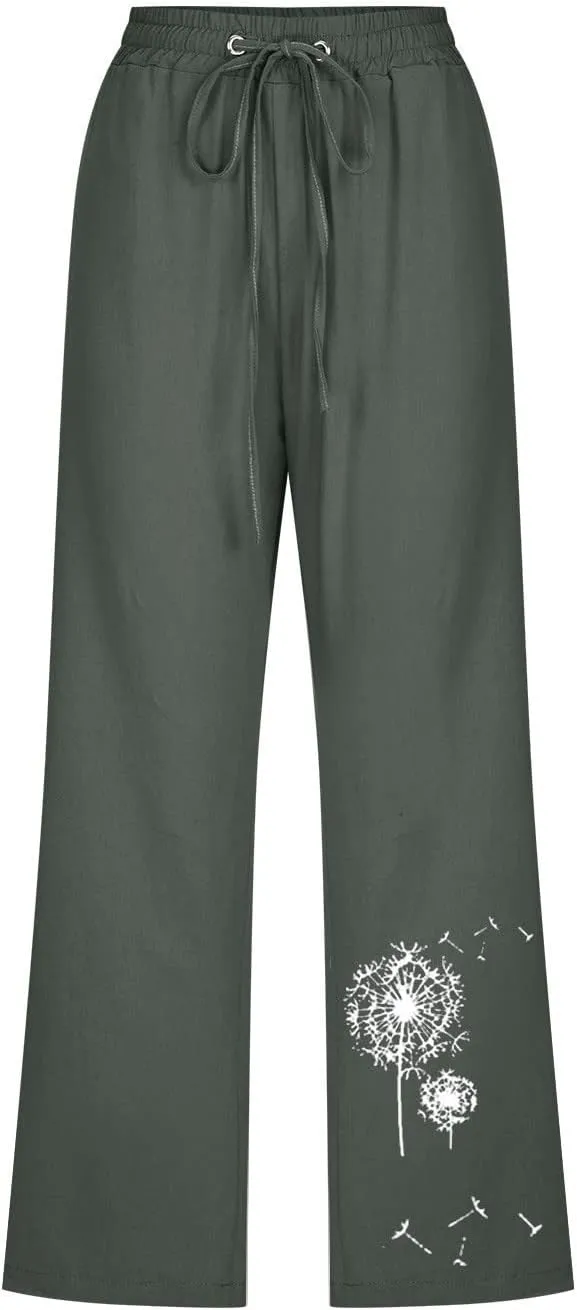 Capri Pants Women Stretch Plus Size Summer Casual Comfy Wide Leg Drawstring Elastic High Waist Linen Straight Trouser