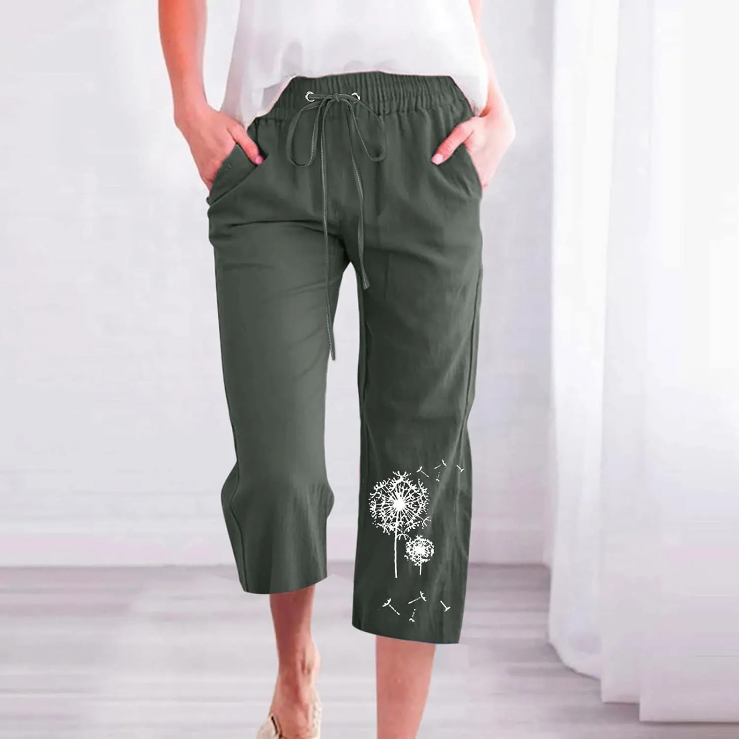 Capri Pants Women Stretch Plus Size Summer Casual Comfy Wide Leg Drawstring Elastic High Waist Linen Straight Trouser