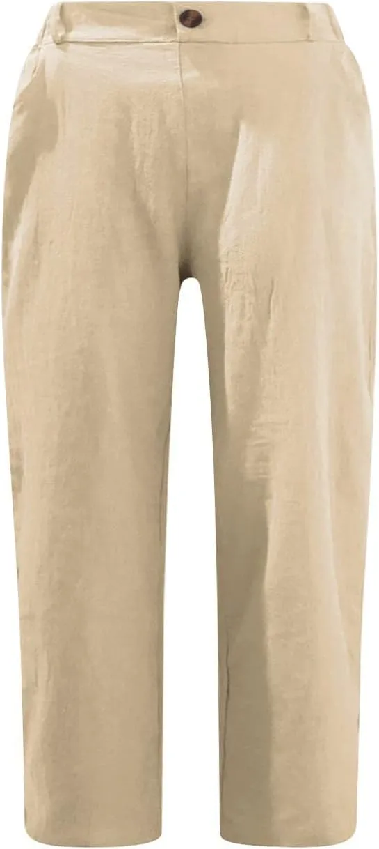 Capris for Women 2025 Summer Casual Plus Size Beach Cotton Linen Pants Trendy Elastic Waist Vacation Cropped Trousers