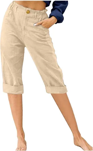 Capris for Women 2025 Summer Casual Plus Size Beach Cotton Linen Pants Trendy Elastic Waist Vacation Cropped Trousers
