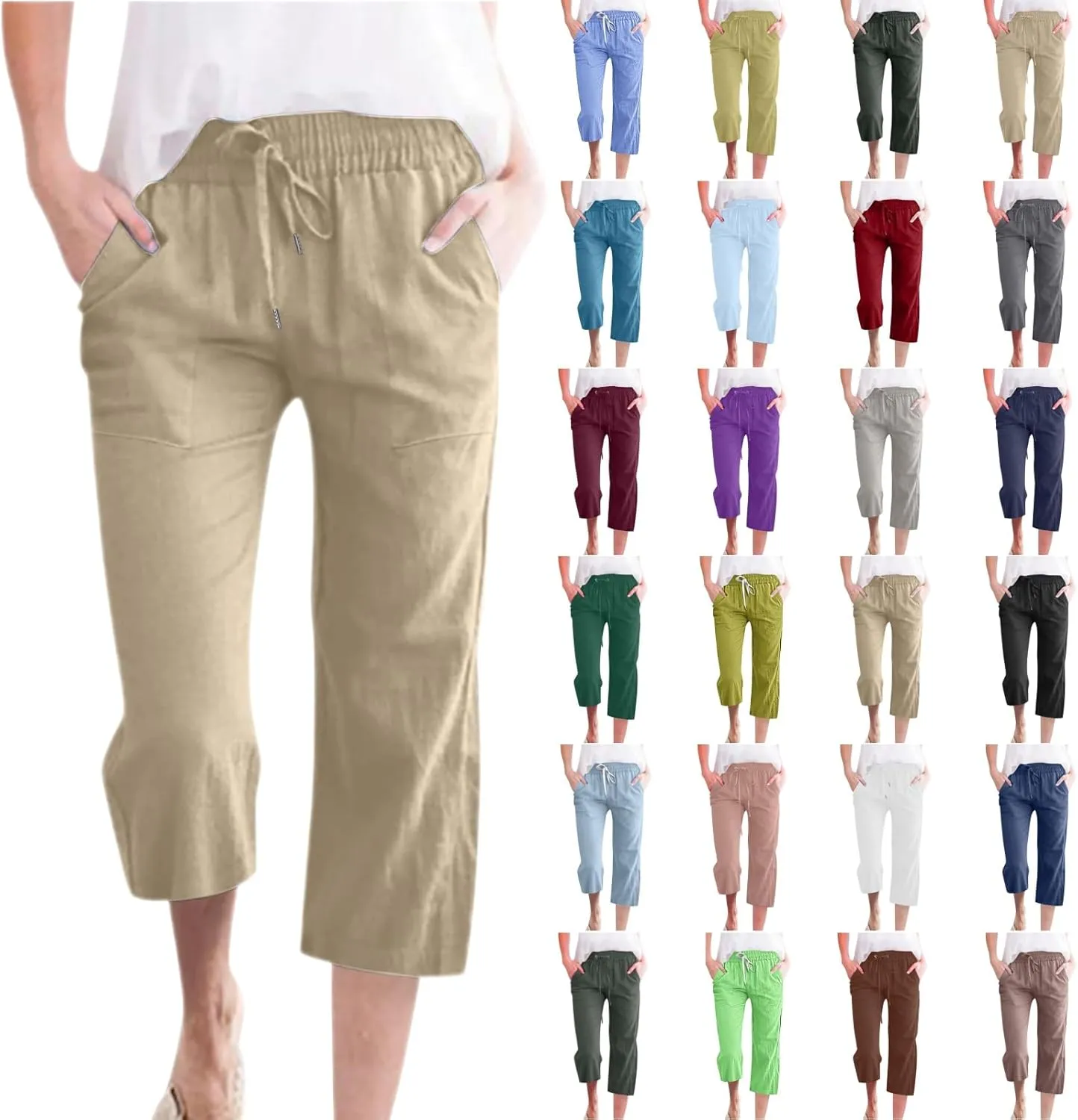 Capris Pants for Women Cotton Linen Loose Straight Wide Leg Drawstring Cropped Trousers Casual Summer Clothing 2025
