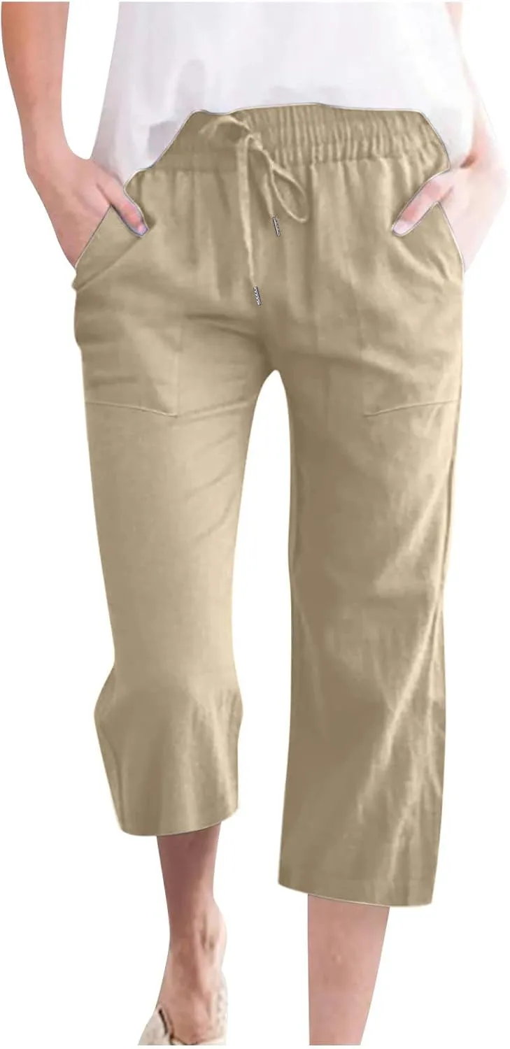 Capris Pants for Women Cotton Linen Loose Straight Wide Leg Drawstring Cropped Trousers Casual Summer Clothing 2025