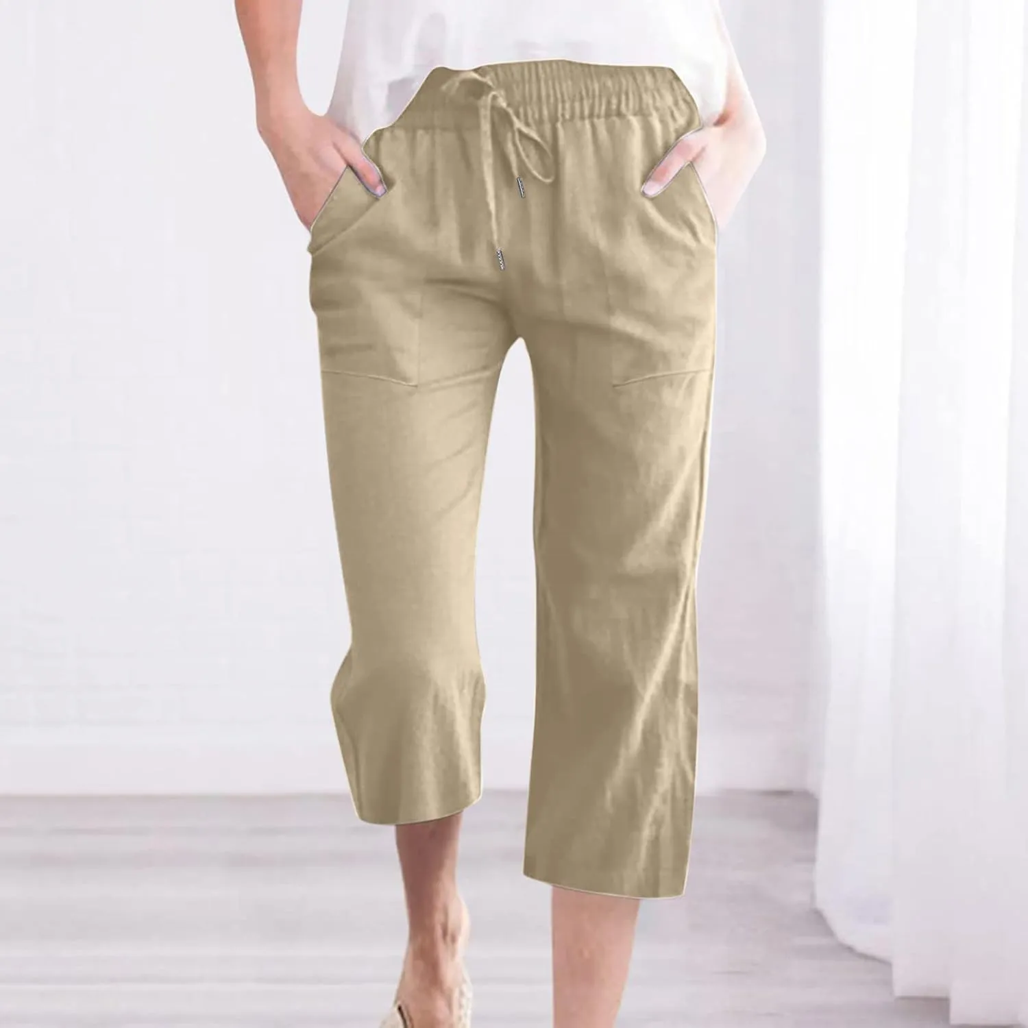 Capris Pants for Women Cotton Linen Loose Straight Wide Leg Drawstring Cropped Trousers Casual Summer Clothing 2025
